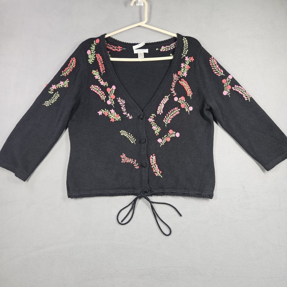Y2K VTG Christopher & Banks Womens M Floral Hand Embroidered Cropped Cardigan